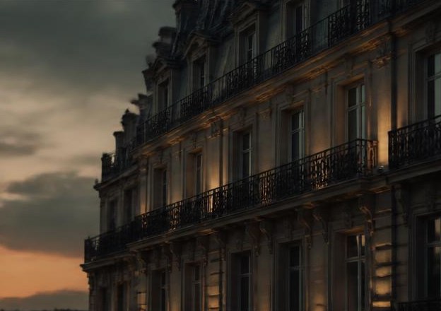 Film still of a lit classical facade at dusk
