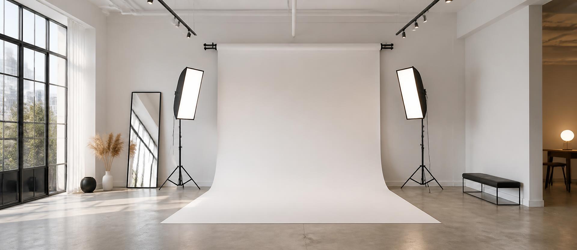 The Dielsdorf studio with a seamless white backdrop and softbox lighting