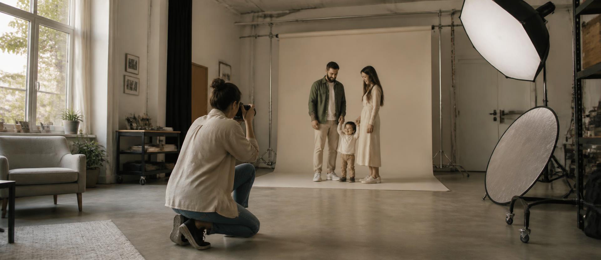 A family being photographed in the Dielsdorf studio