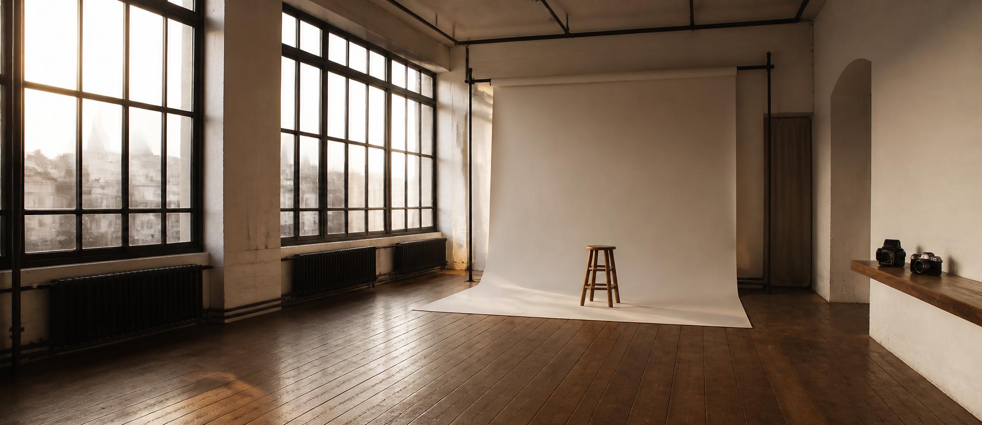 Minimalist Dielsdorf photo studio with tall windows and a seamless backdrop
